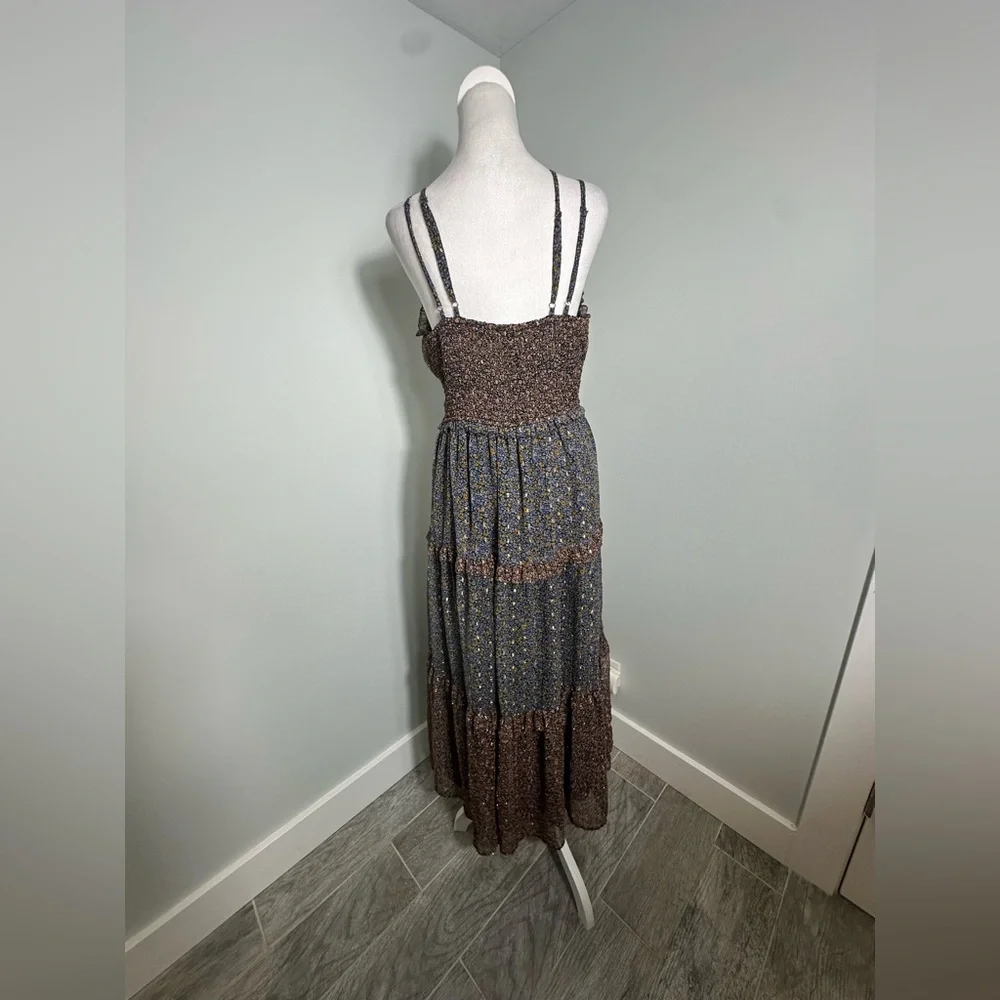 Lucky Brand Ruffle Floral Maxi Sundress Blue Brown w Gold  Size Large - Picture 8 of 16